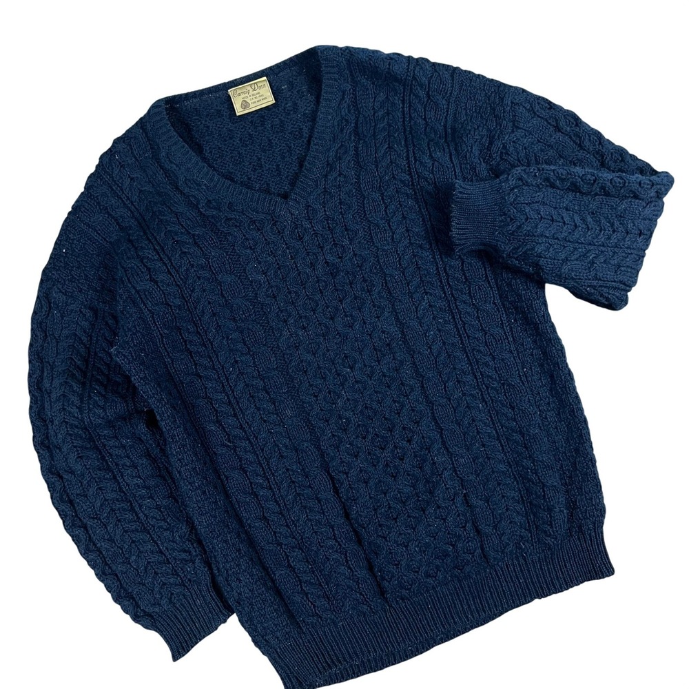 Carraig Donn Vintage 90s Hand Knit Wool Sweater Mens Navy‎ Blue Cable V-Neck XL